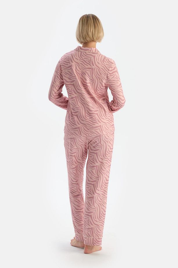 Açık Pembe Zebra Desenli Gömlek Pantolon Pijama Takımı - 2