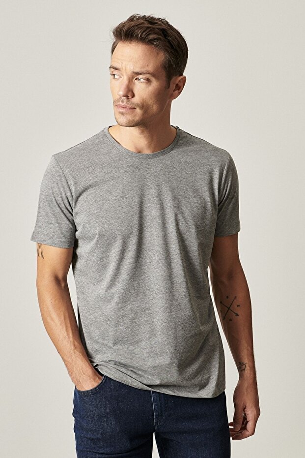 Erkek Sıyah-hakı-grı Melanj Slim Fit Dar Kesim Bisiklet Yaka 3'lü %100 Pamuk Basic Tişört Paketi - 2