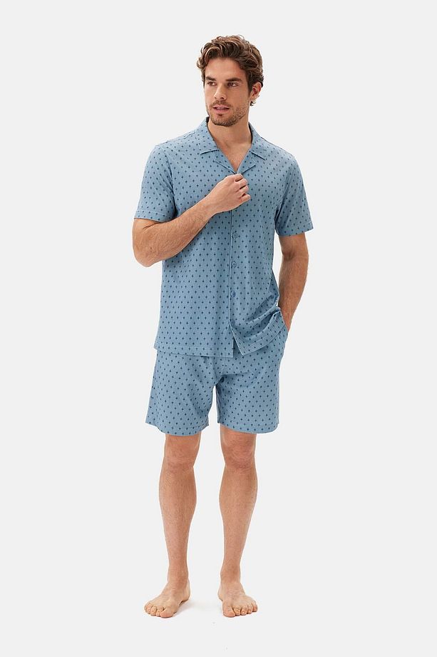Mavi Desenli Gömlek Şort Pijama Takımı - 4