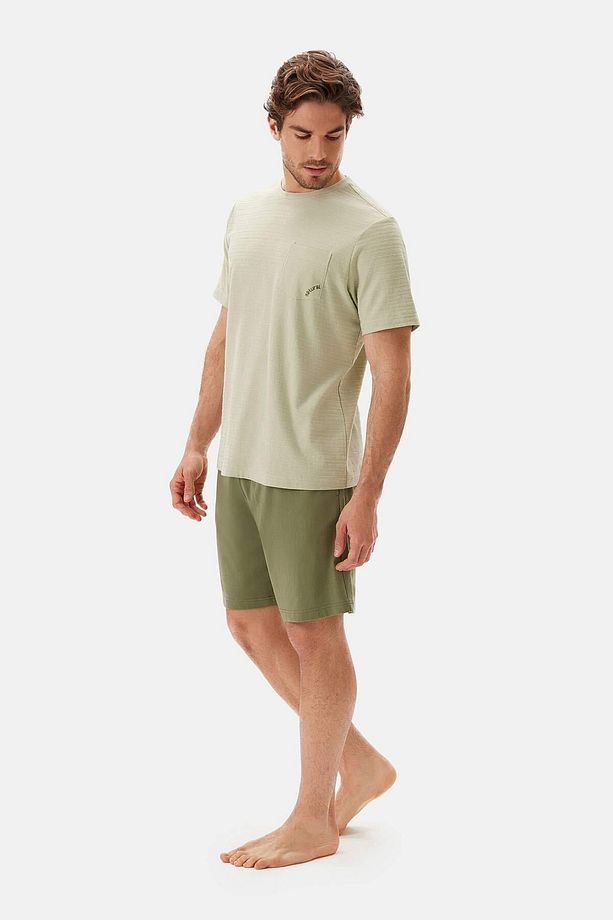 Açık Yeşil Bis Yaka Tişört Şort Pijama Takımı - 3