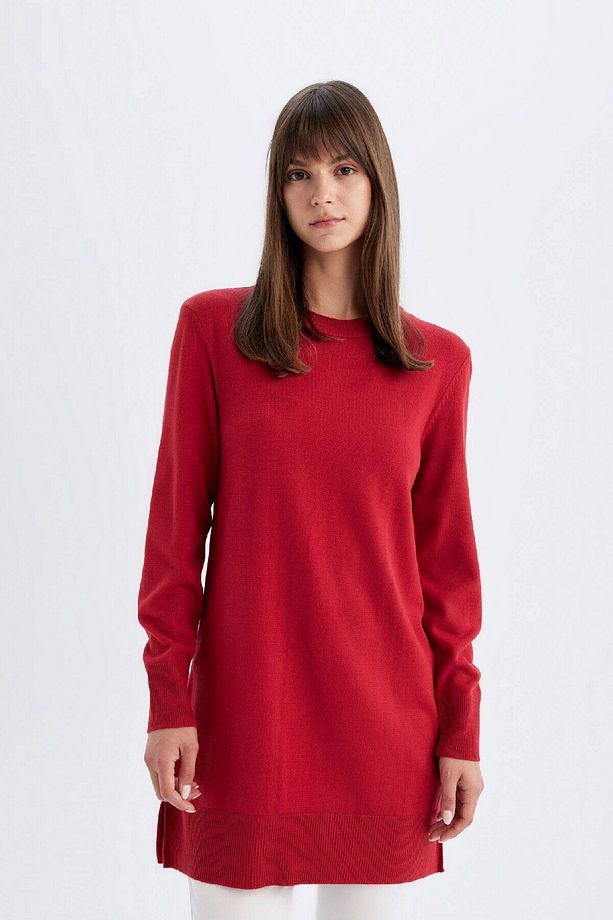 Regular Fit Bisiklet Yaka Yırtmaçlı Basic Düz Triko Kazak Tunik H3431az24au - 4