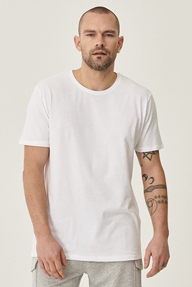 Erkek Beyaz Slim Fit Dar Kesim Bisiklet Yaka %100 Pamuk 2'li Düz Tişört Paketi - 2