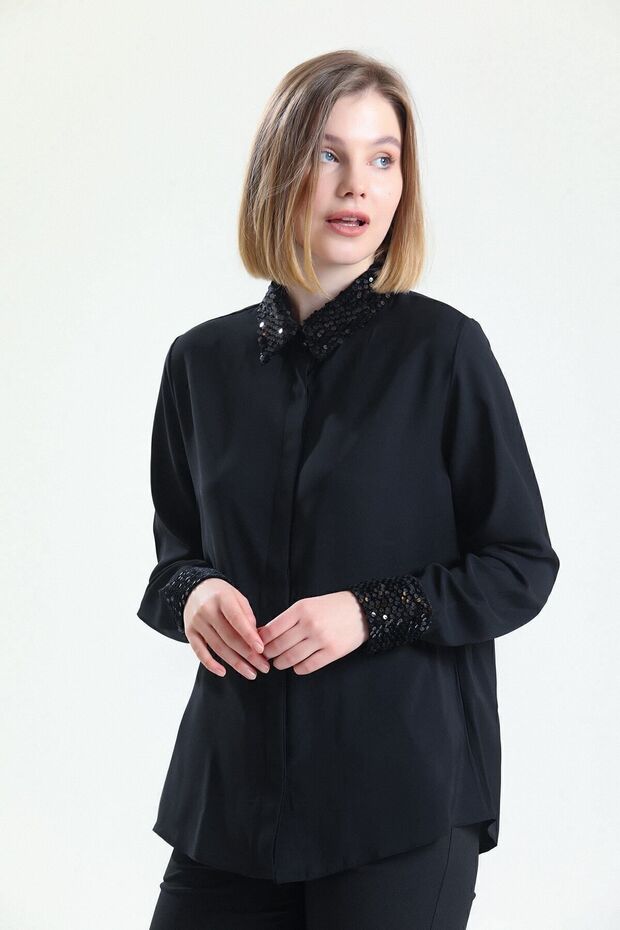 Collar and Cuffs Velvet Sequin Garnished Buttoned Jesika Shirt| Gml34515 Black