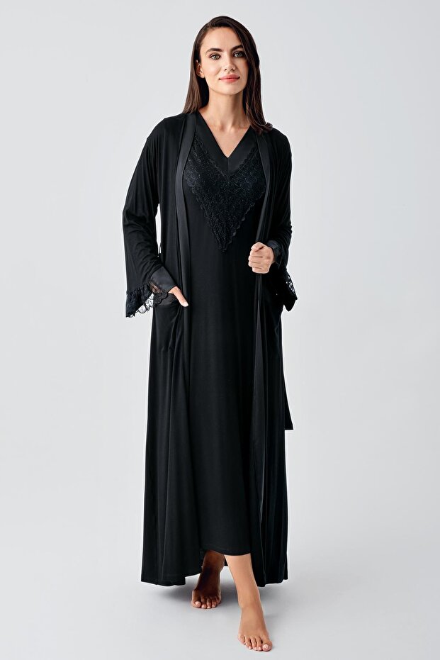 Long Sleeve Lace Stretchy Viscose Nightgown Dressing Gown Set