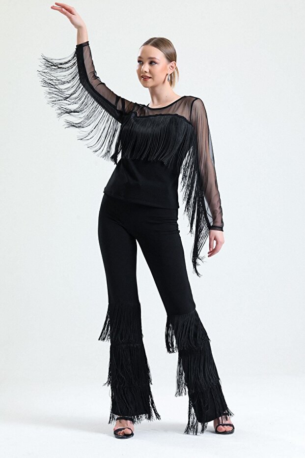 Belted Tassel Detailed Scuba Crepe Trousers| Pnt34791 Black