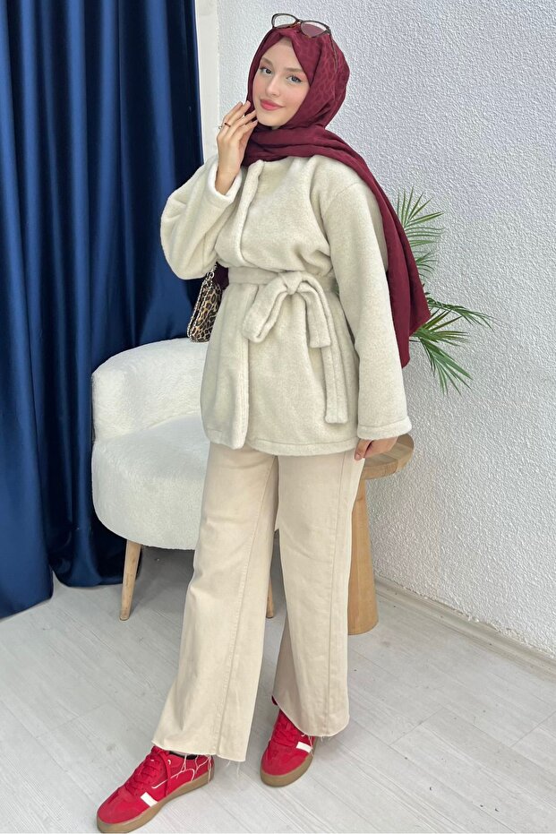Kemerli Peluş Ceket - 3