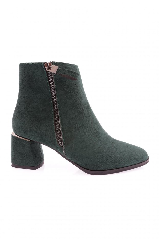 Pm221-K1039 Women's Green Suede Ankle Boots with Round Toe and Metal Zipper Detail