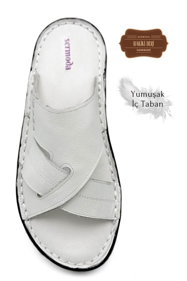 Genuine real leather men's slippers lightweight slippers leather g shir beyaz