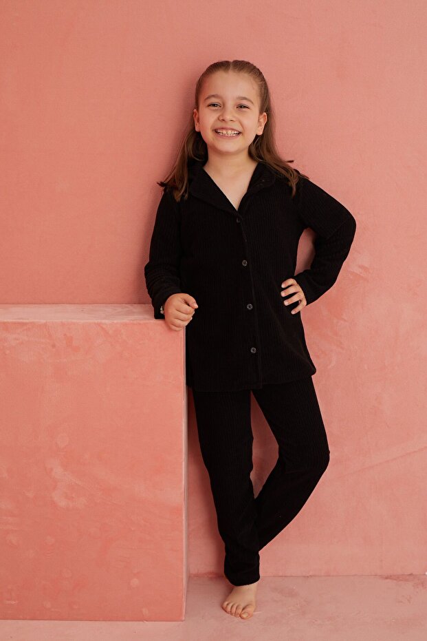 طقم بيجامة من الصوف - أسود، بأزرار أمامية مسطحة - 3