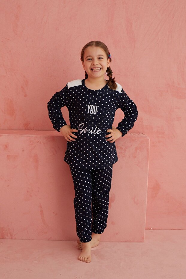 Lacivert Smile Puan Desenli Bisiklet Yaka Peluş Polar Pijama Takım - 3