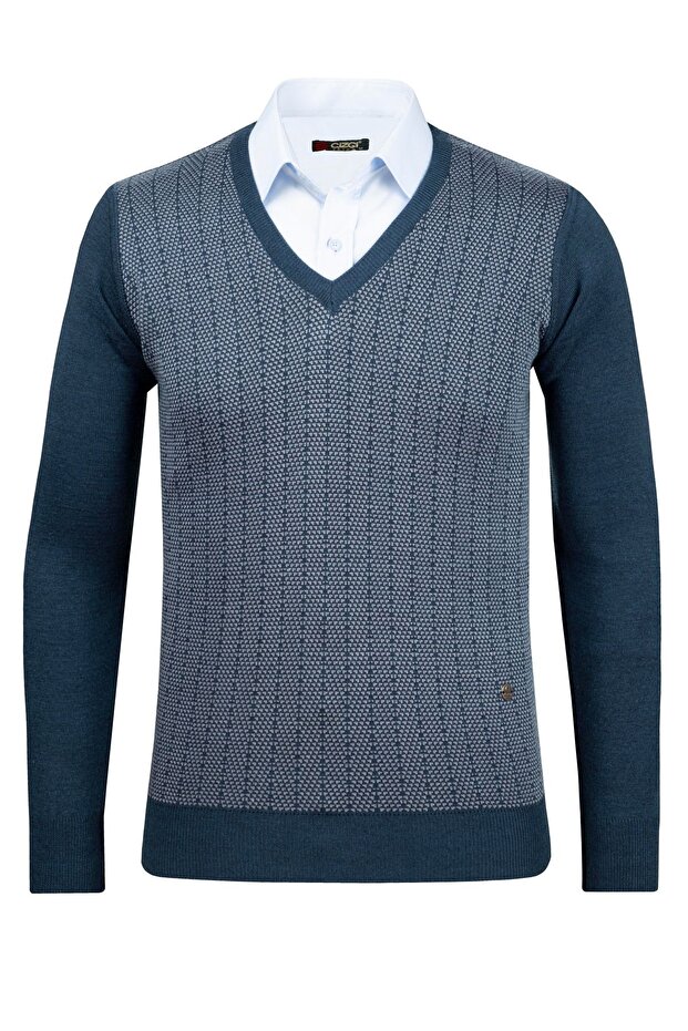 Men's V-Neck Knitwear Petrol Sweater Patterned Steel Knit Classic Pattern - 5007D