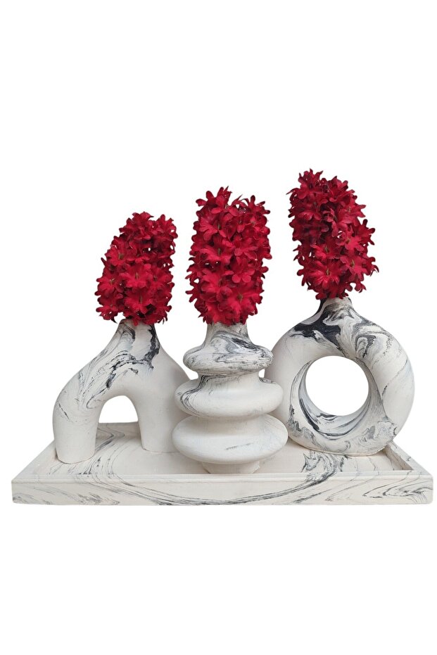 مجموعة مزهرية مزخرفة بنمط رخامي - ملحق مستطيل مع صينية صغيرة - 3