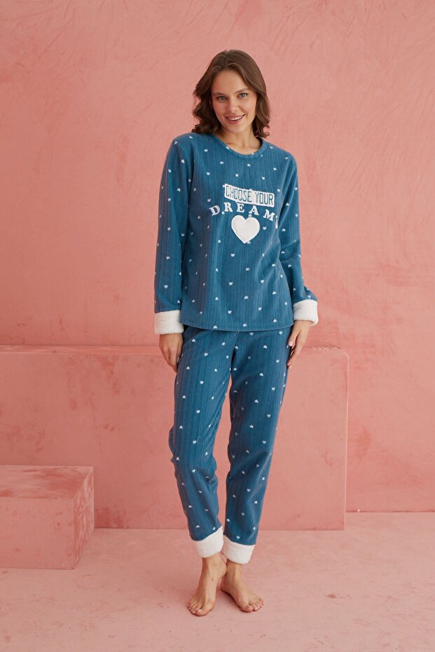 Yeşil Dreams Kalp Desenli Bisiklet Yaka Peluş Polar Pijama Takım - 2