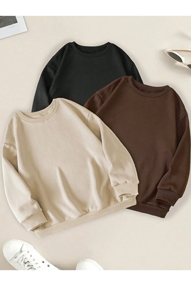 Unisex 3-Pack Brown Black Beige Crew Neck Oversize Sweatshirt Combed Cotton Hoodie
