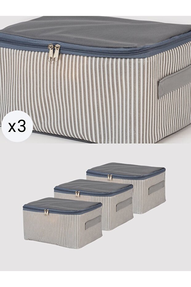 3 small anthracite striped under-bed suitcase organizers - travel storage - 30x20x15 cm
