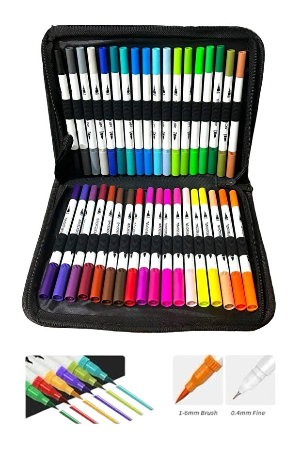 ART PROFFESİONAL 36 Lı Çift Uçlu Fırça Ve 0.4 Mm Fine Uçlu Marker Kalem Seti Cüzdanlık Kalem Seti Pro