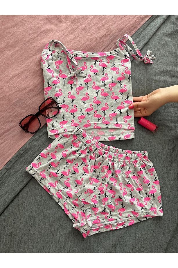 İp Askılı Crop Şortlu Flamingo Desenli  Pijama Takımı - 2