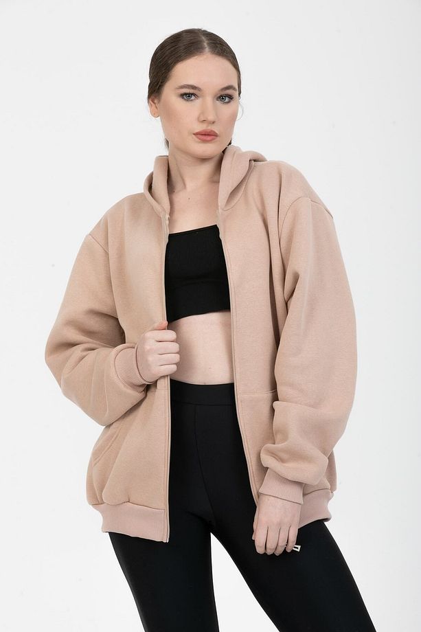 Unisex Soft Camel Oversize Kanguru Cep Detaylı Fermuarlı Sweat - 1