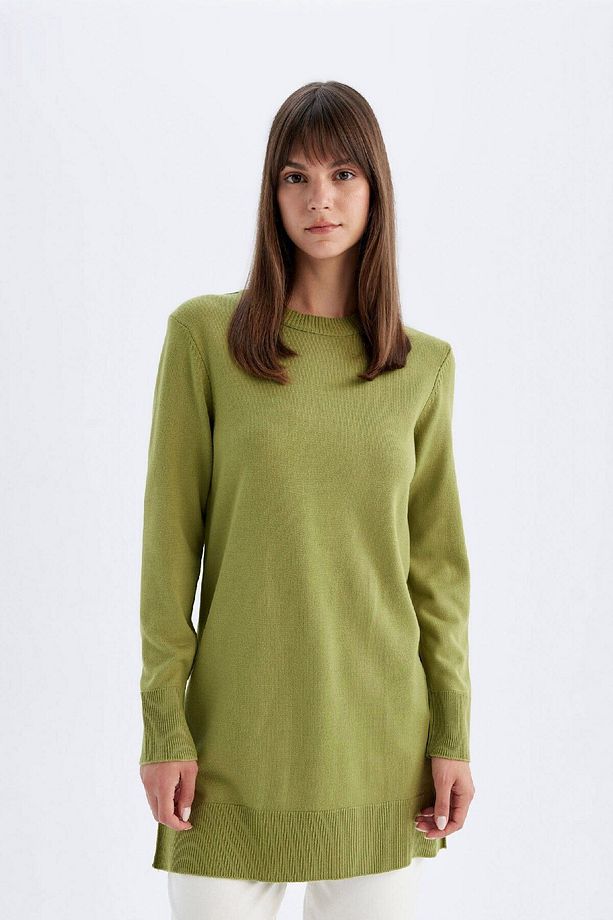 Regular Fit Bisiklet Yaka Yırtmaçlı Basic Düz Triko Kazak Tunik H3431az24au - 3