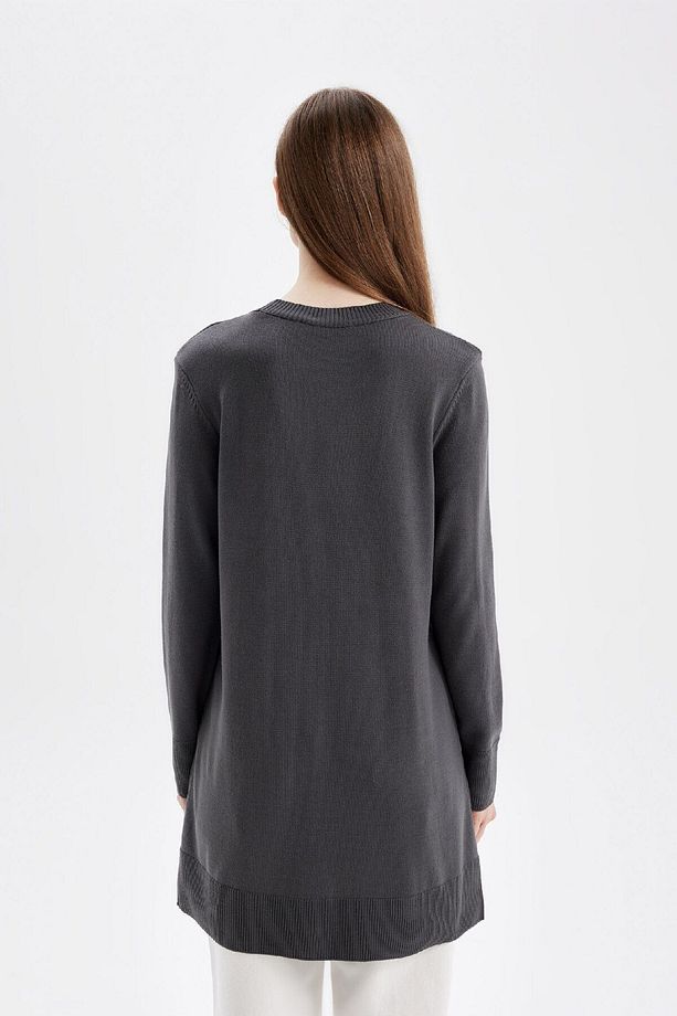 Regular Fit Bisiklet Yaka Yırtmaçlı Basic Düz Triko Kazak Tunik H3431az24au - 7