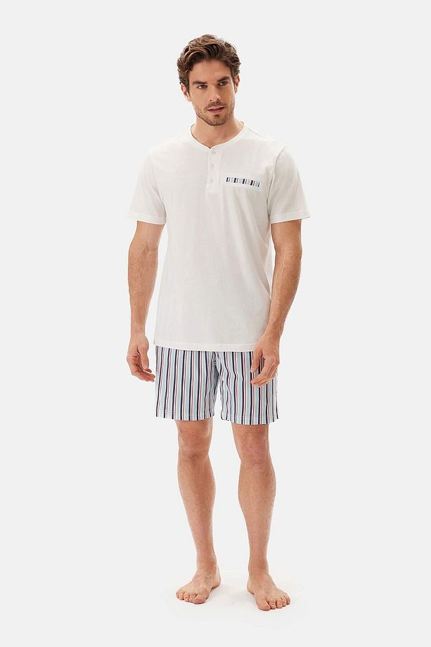 Ekru Yarım Patlı Kısa Kollu Şort Pijama Takımı - 4
