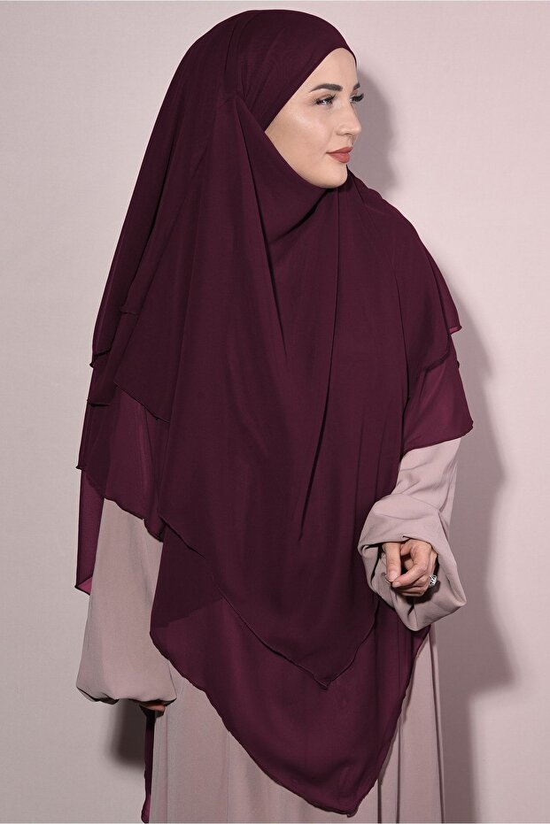 Three Layer Chiffon Souffle with Veil Khimar Claret Red