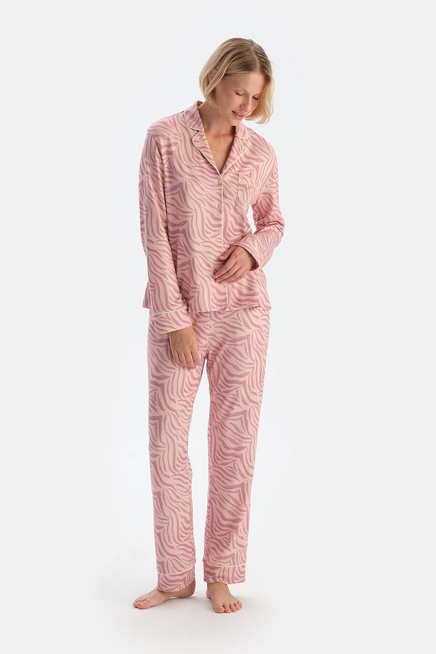 Açık Pembe Zebra Desenli Gömlek Pantolon Pijama Takımı - 4