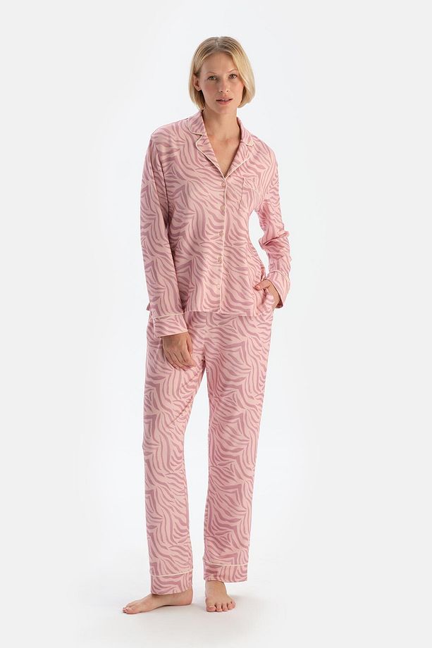Açık Pembe Zebra Desenli Gömlek Pantolon Pijama Takımı - 1
