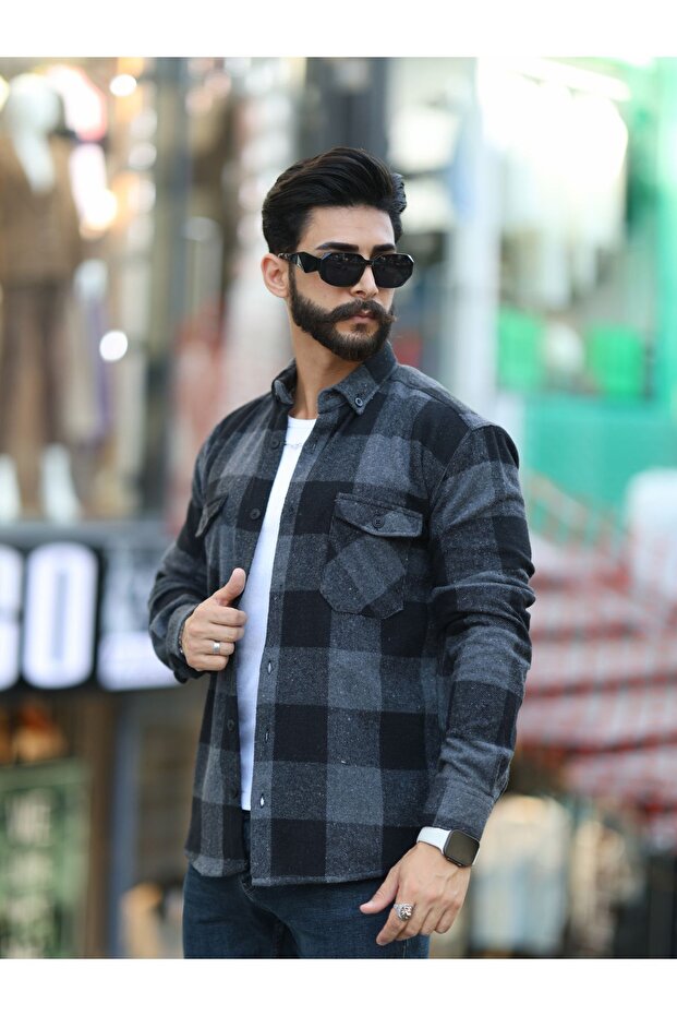 Men's Gray Black Checkered Double Pocket Lumberjack Shirt