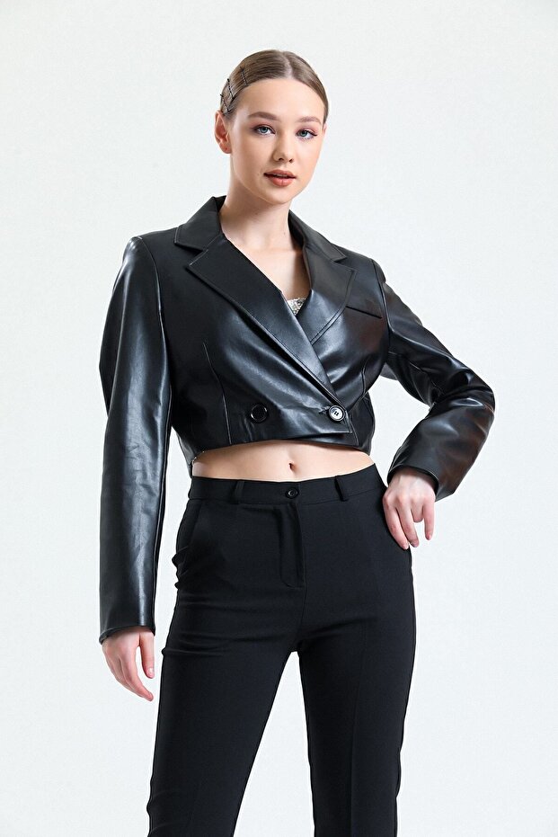 Lined Faux Leather Short Jacket| Ckt34324 Black