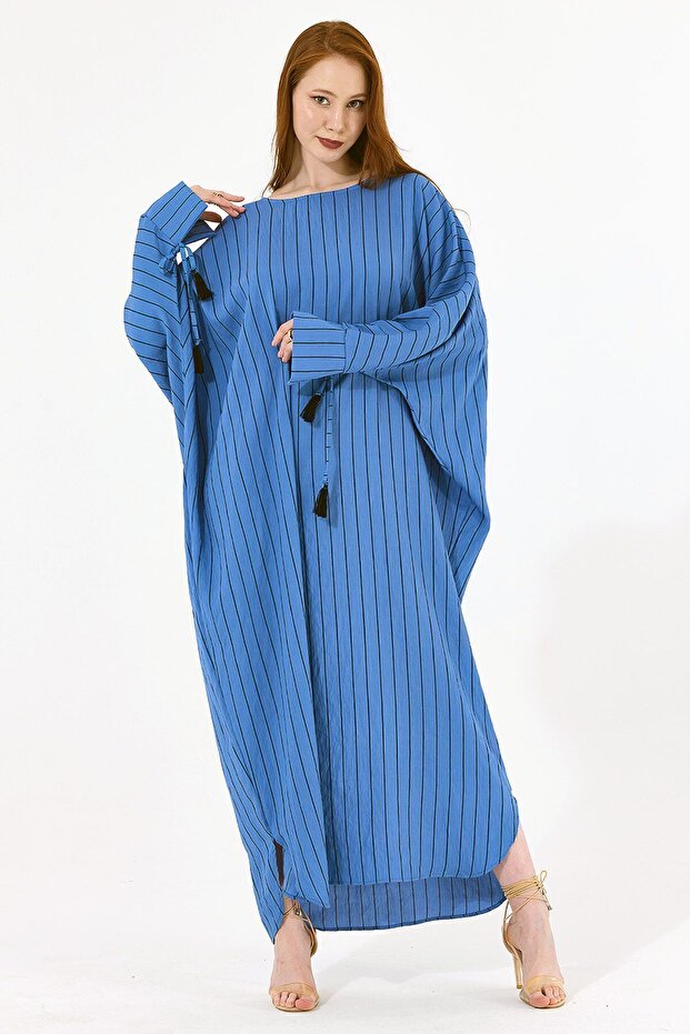 Cuffed Tassel Viscose Striped Kimono | KMN35613 Indigo Striped