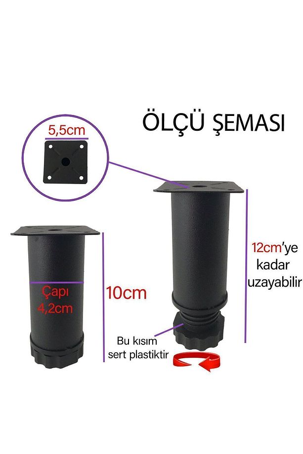 Metal Ayarlanabilir 10 Cm Siyah Destek Ayak Mobilya Kanepe Baza Koltuk Dolap Sehpa Ünite Ayağı - 3