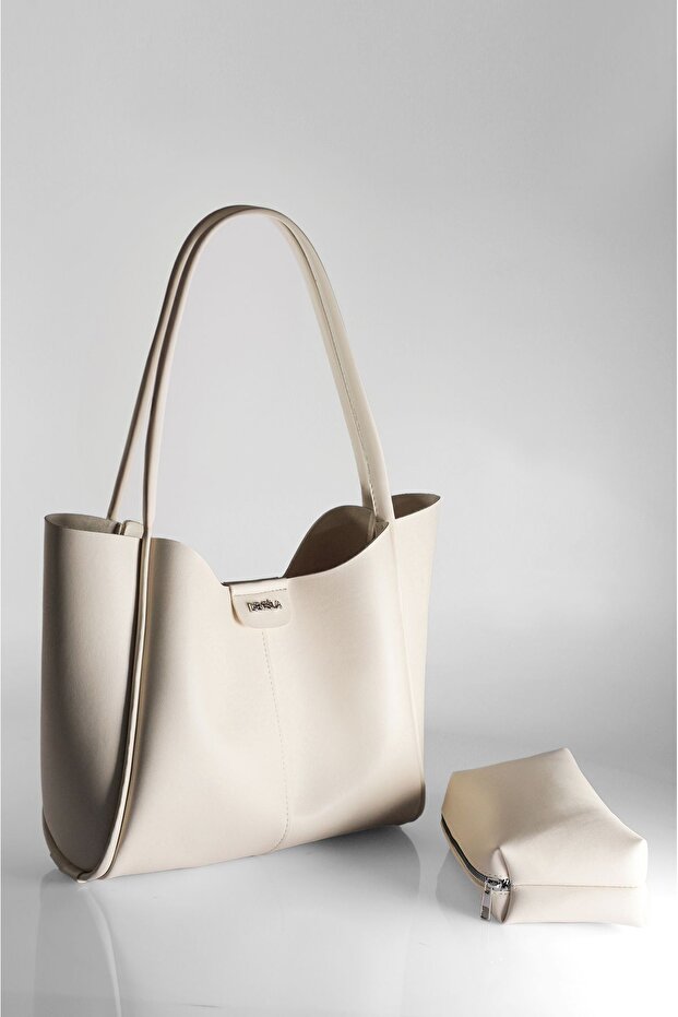Women's Cream Large Size Makeup Bag Hand and Shoulder Bag