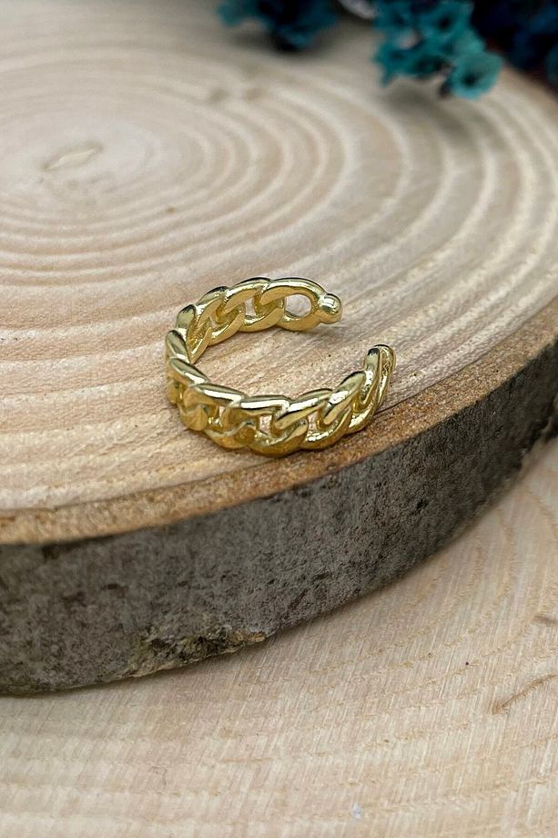 925 Ayar Gold Kaplamalı Minimal Örgü Gümüş Kıkırdak Küpe - 3