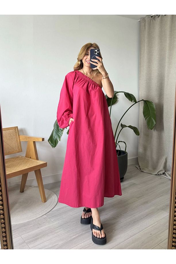 Fuşya Tek Kol Kuşaklı Poplin Elbise - 2