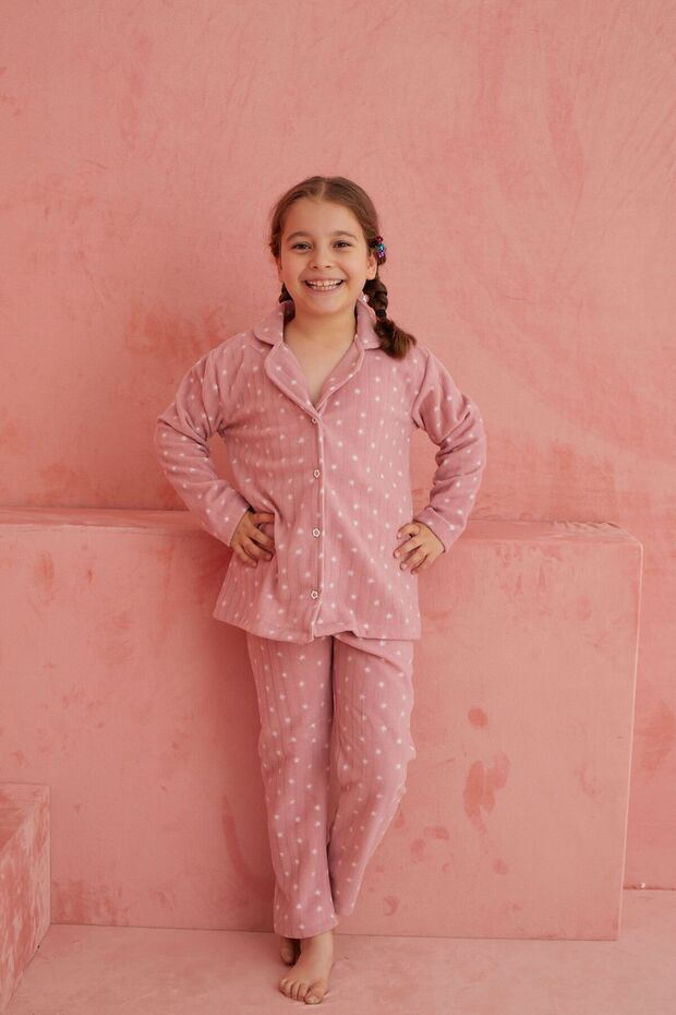 Pudra Yıldız Desenli Önden Düğmeli Polar Pijama Takım - 3