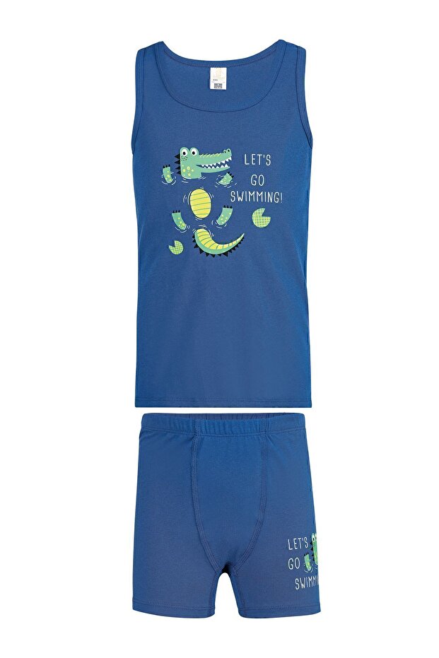 Özkan 32044 Boy's Cotton Blue Thick Strap Athlete Shorts Underwear Set
