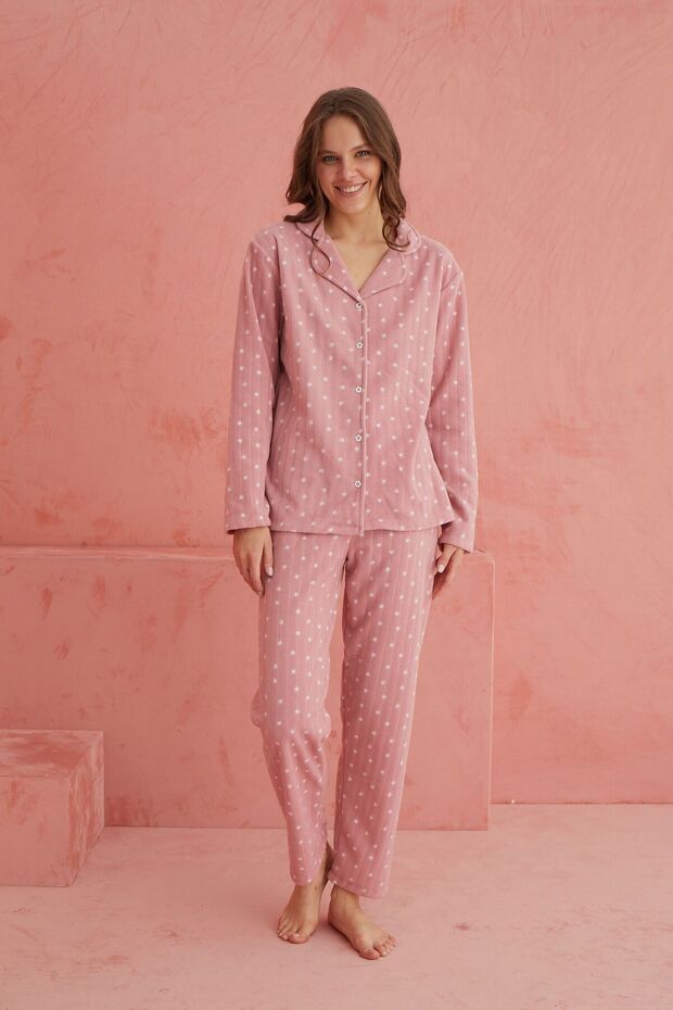 Pudra Yıldız Desenli Önden Düğmeli Polar Pijama Takım - 2