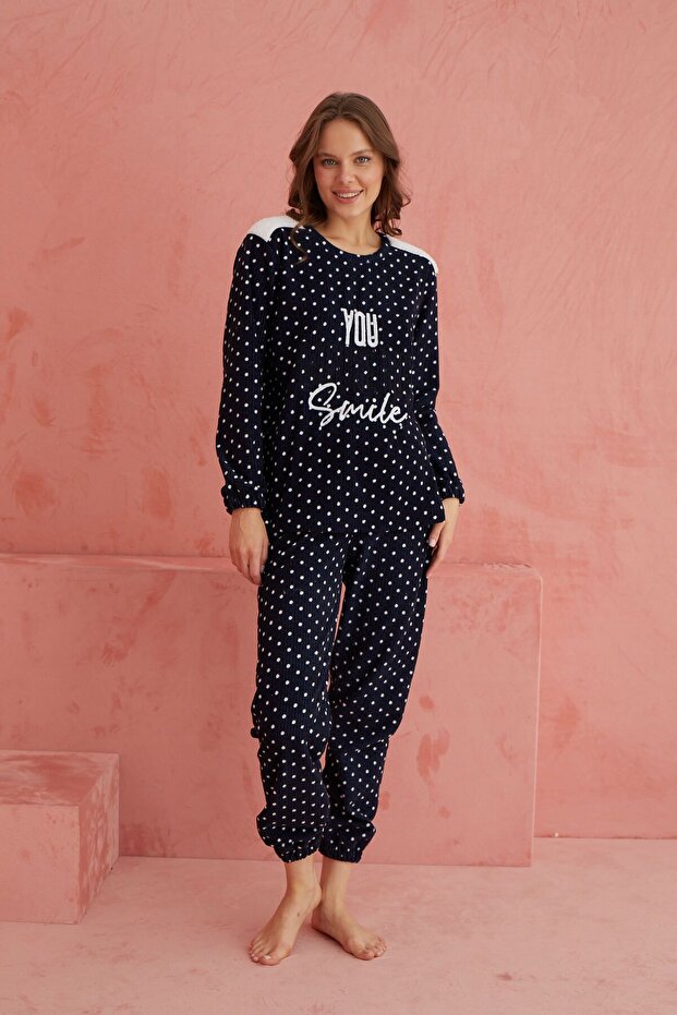 Lacivert Smile Puan Desenli Bisiklet Yaka Peluş Polar Pijama Takım - 2