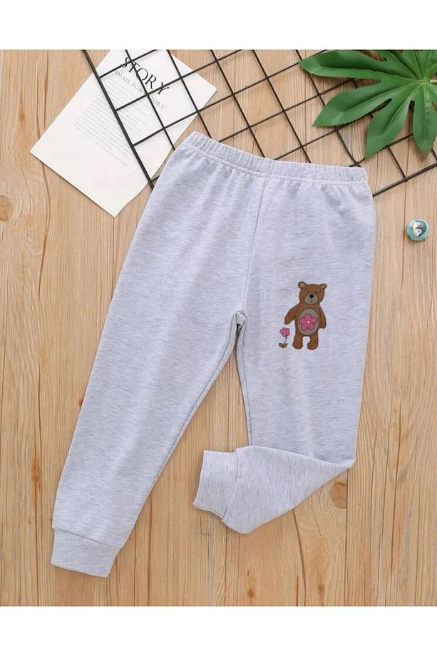 Çocuk Çiçekli Teddy Baskılı Gri Eşofman Altı - 1
