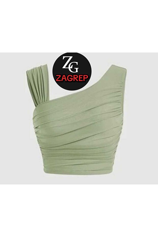 Women's cagla green crop top with shoulder detail, draped, ruched sleeves, non-see-through silk jersey crop