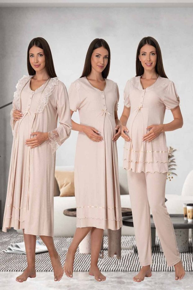 Mayss Collections 8026 Mink Color Nightgown, Dressing Gown, Pajamas Set of 4
