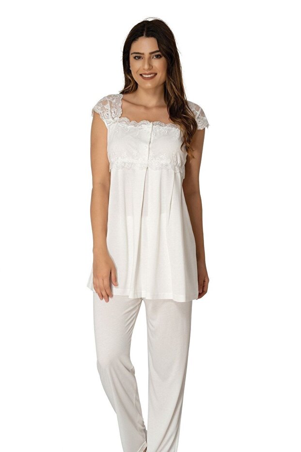 Women's Ecru Maternity Short Sleeve Pajama Set 2303