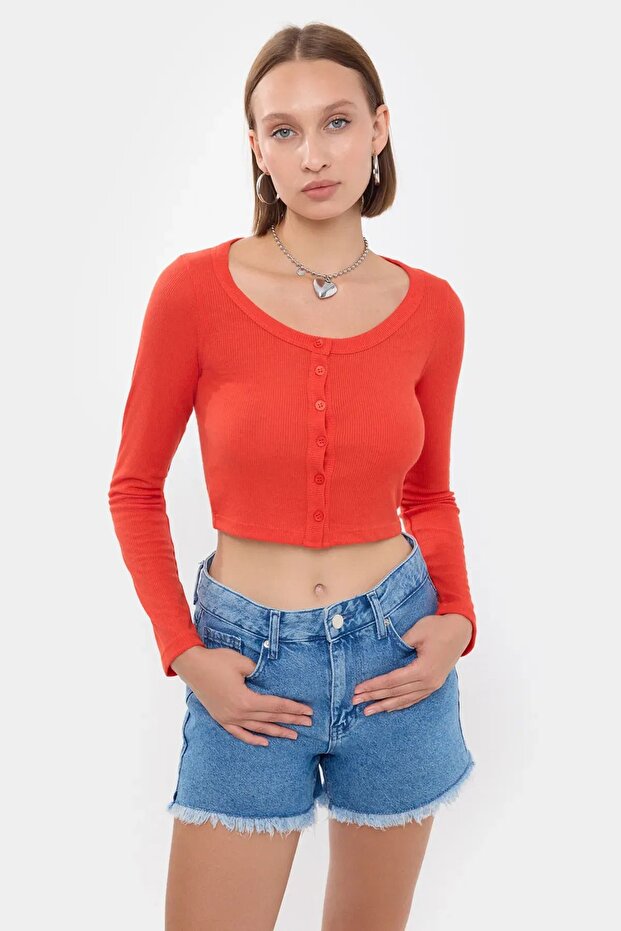 Düğme Detaylı Bisiklet Yaka Dokuma Üst - 3