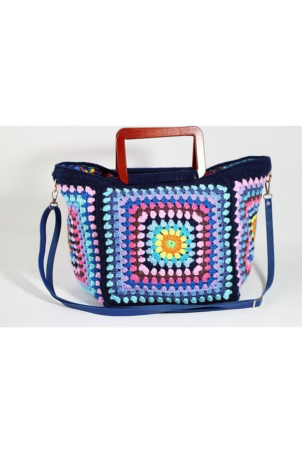Mavi Motif Detaylı El Örgüsü Handmade Bohem Tarzı Omuz Çantası - 2
