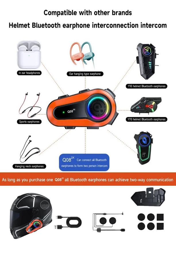 1000 Mt Intercom 2 Eşleşmeli Kask Kulaklık Q-08 Su Geçirmez Bluetooth Motosiklet Intercom Kulaklık - 4