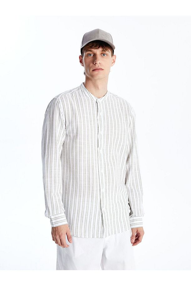 Regular Fit Uzun Kollu Çizgili Poplin Erkek Gömlek - 2