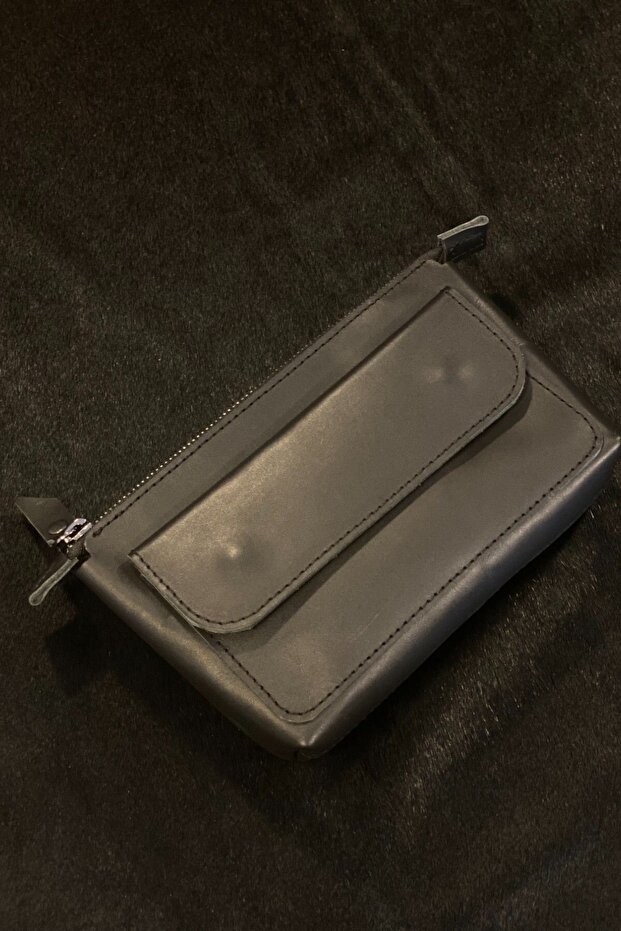 Men's Handbag Black Genuine Leather Hand Strap Wallet Portfolio Bag Travel Care Handbag