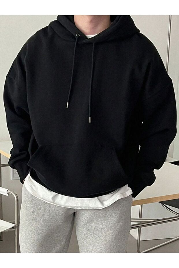 سويت شيرت رجالي أسود مدمج - ثلاثي الخيوط - 1