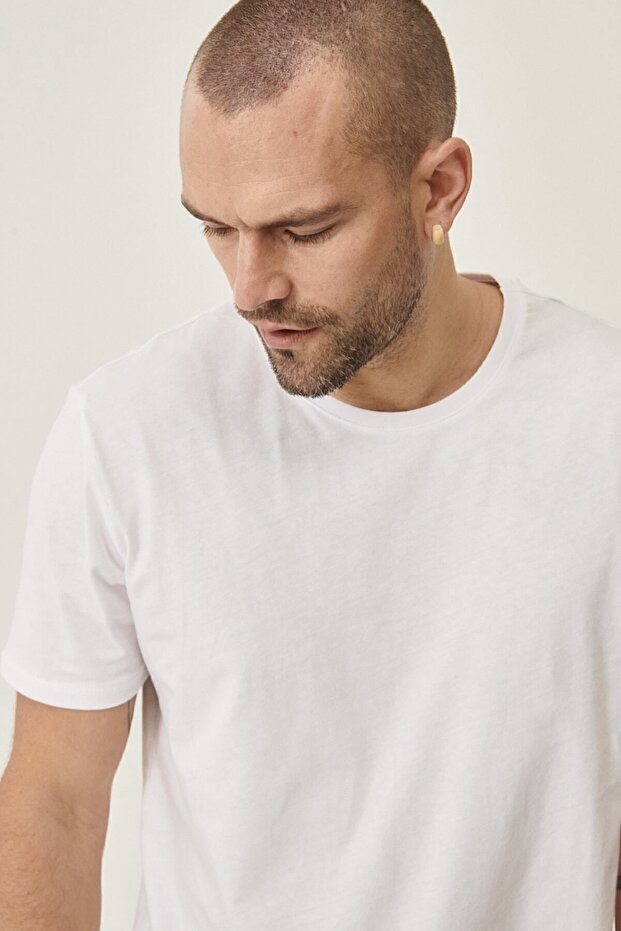 Erkek Beyaz Slim Fit Dar Kesim Bisiklet Yaka %100 Pamuk 2'li Düz Tişört Paketi - 4